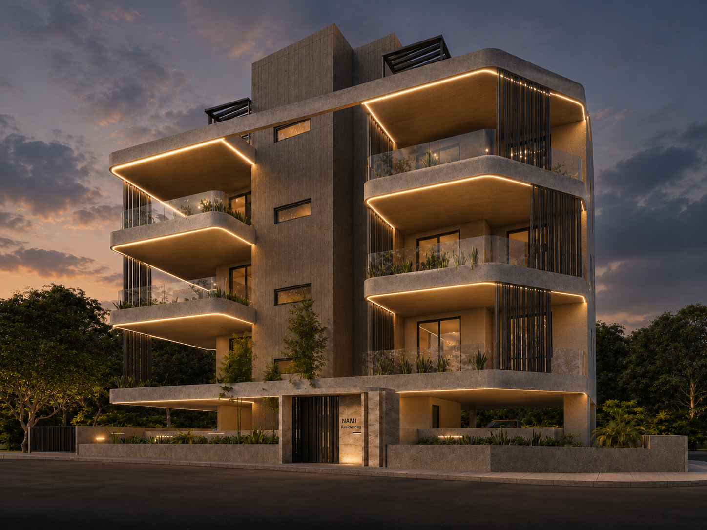 הדמיית ערב של NAMI Residences עם מרפסות מוארות