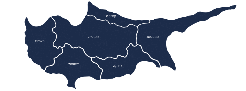 מפת קפריסין עם המחוזות פאפוס, לימסול, לרנקה, ניקוסיה, קירינייה ופמגוסטה