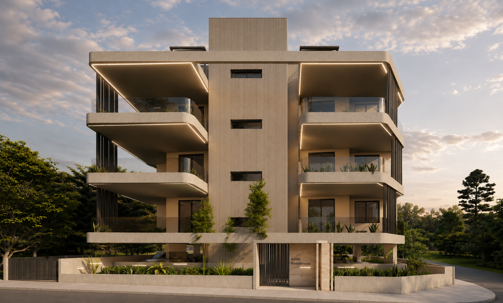 הדמיית חזית NAMI Residences בשעת דמדומים